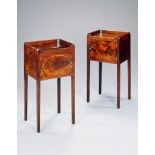 A Pair of George III Mahogany and Inlaid Bedside Tables in figured mahogany, each with dished top