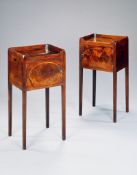 A Pair of George III Mahogany and Inlaid Bedside Tables in figured mahogany, each with dished top