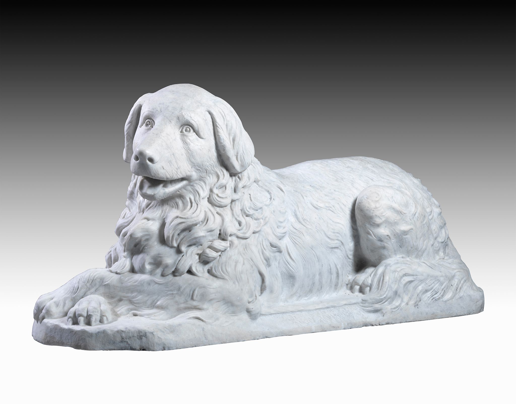 A 19 Century French White Marble Seated Retriever with an integral oval shaped plinth, signed 'R.