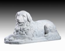 A 19 Century French White Marble Seated Retriever with an integral oval shaped plinth, signed 'R.