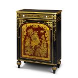 A Regency Japanned and Tôle Side Cabinet the rounded edge top with a painted gold border, above