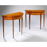 A Pair of George III Satinwood and Marquetry Card Tables the D-shaped tops inlaid with scrolling