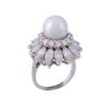 A diamond and South Sea cultured pearl cluster dress ring A diamond and South Sea cultured pearl