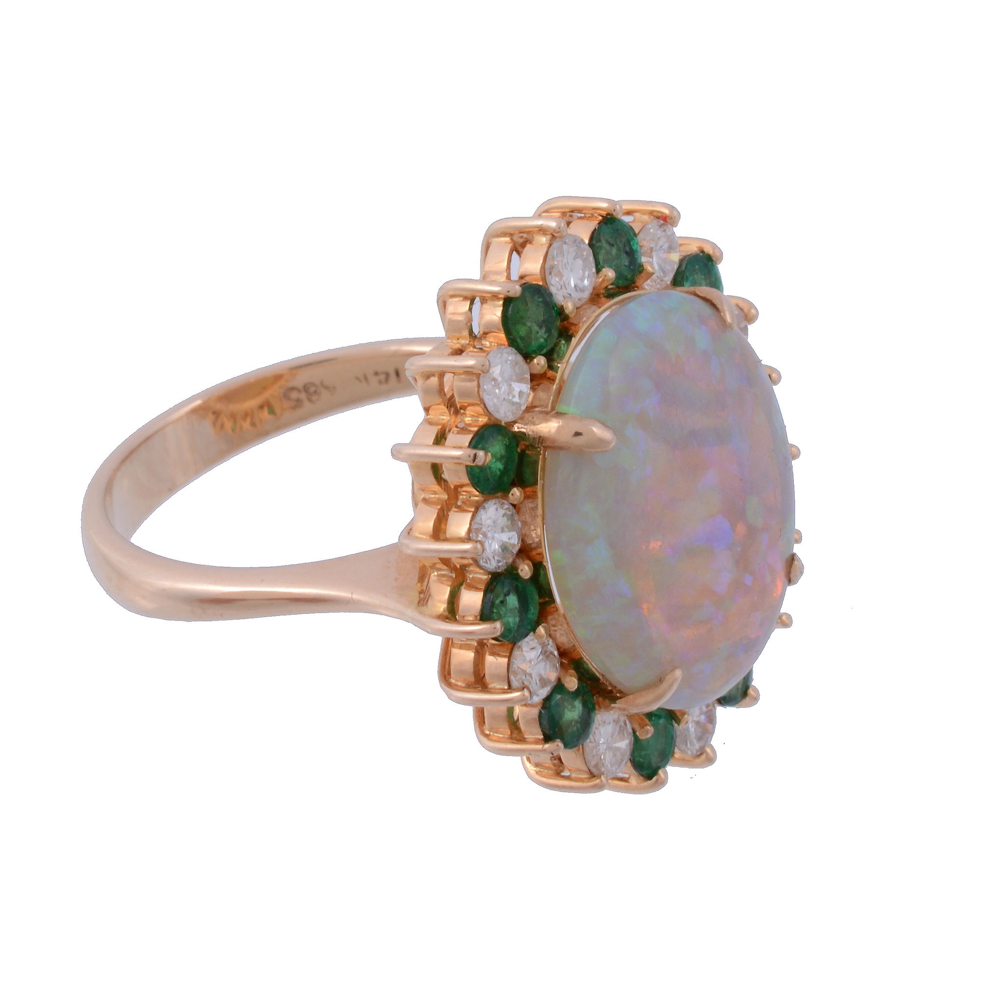 An opal, emerald and diamond ring, the central oval cabochon opal in a four... An opal, emerald - Image 2 of 3