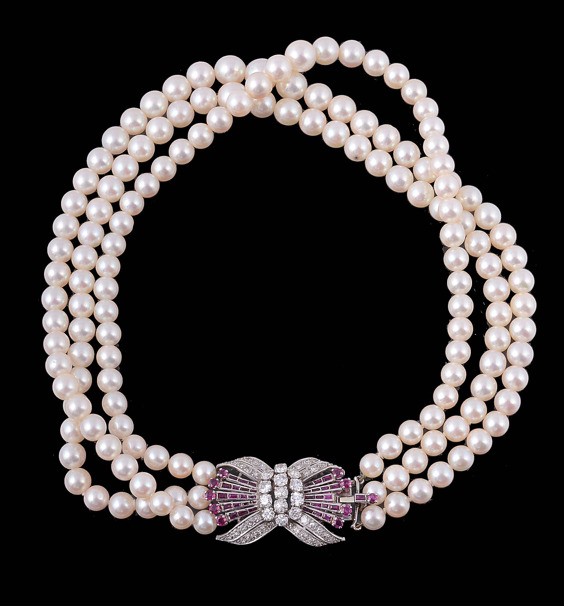 A three row cultured pearl, diamond and ruby necklace A three row cultured pearl, diamond and ruby