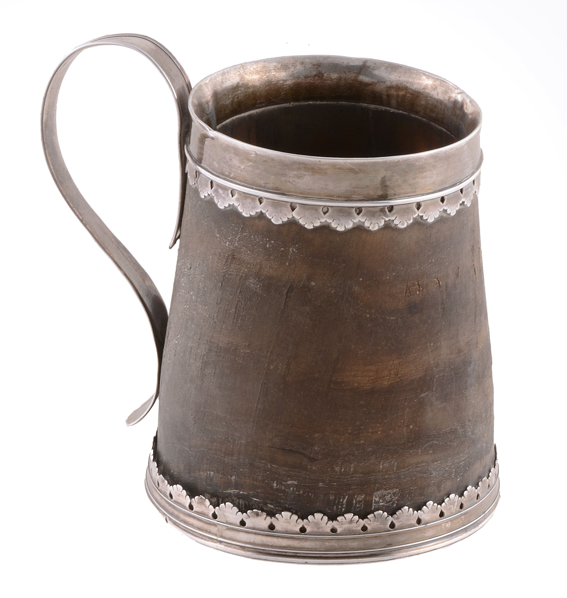 A George III silver mounted tapering horn mug, unmarked late 18th century A George III silver
