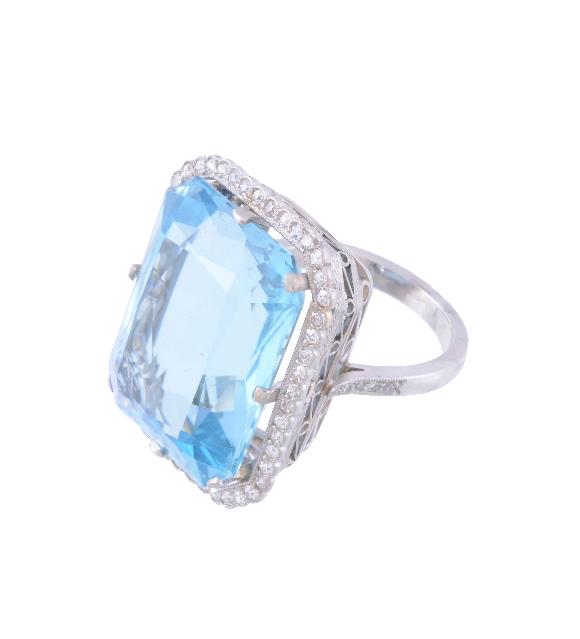 An aquamarine and diamond dress ring , the rectangular mixed cut aquamarine... An aquamarine and - Image 2 of 3