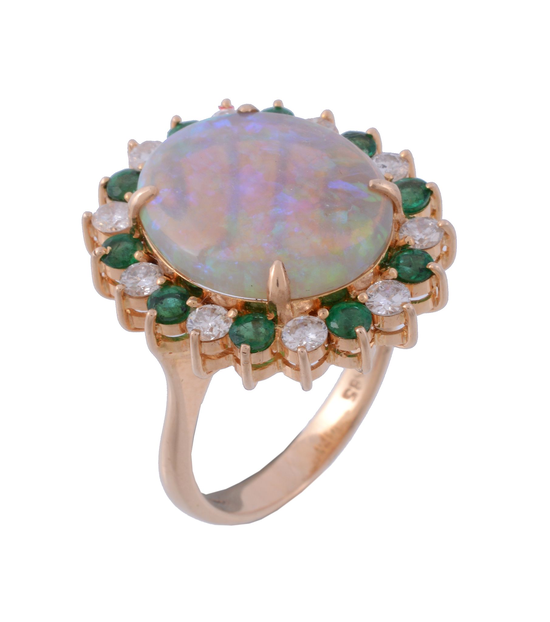 An opal, emerald and diamond ring, the central oval cabochon opal in a four... An opal, emerald