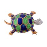 An enamel and diamond turtle brooch, the turtle An enamel and diamond turtle brooch, the turtle's