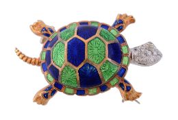 An enamel and diamond turtle brooch, the turtle An enamel and diamond turtle brooch, the turtle's