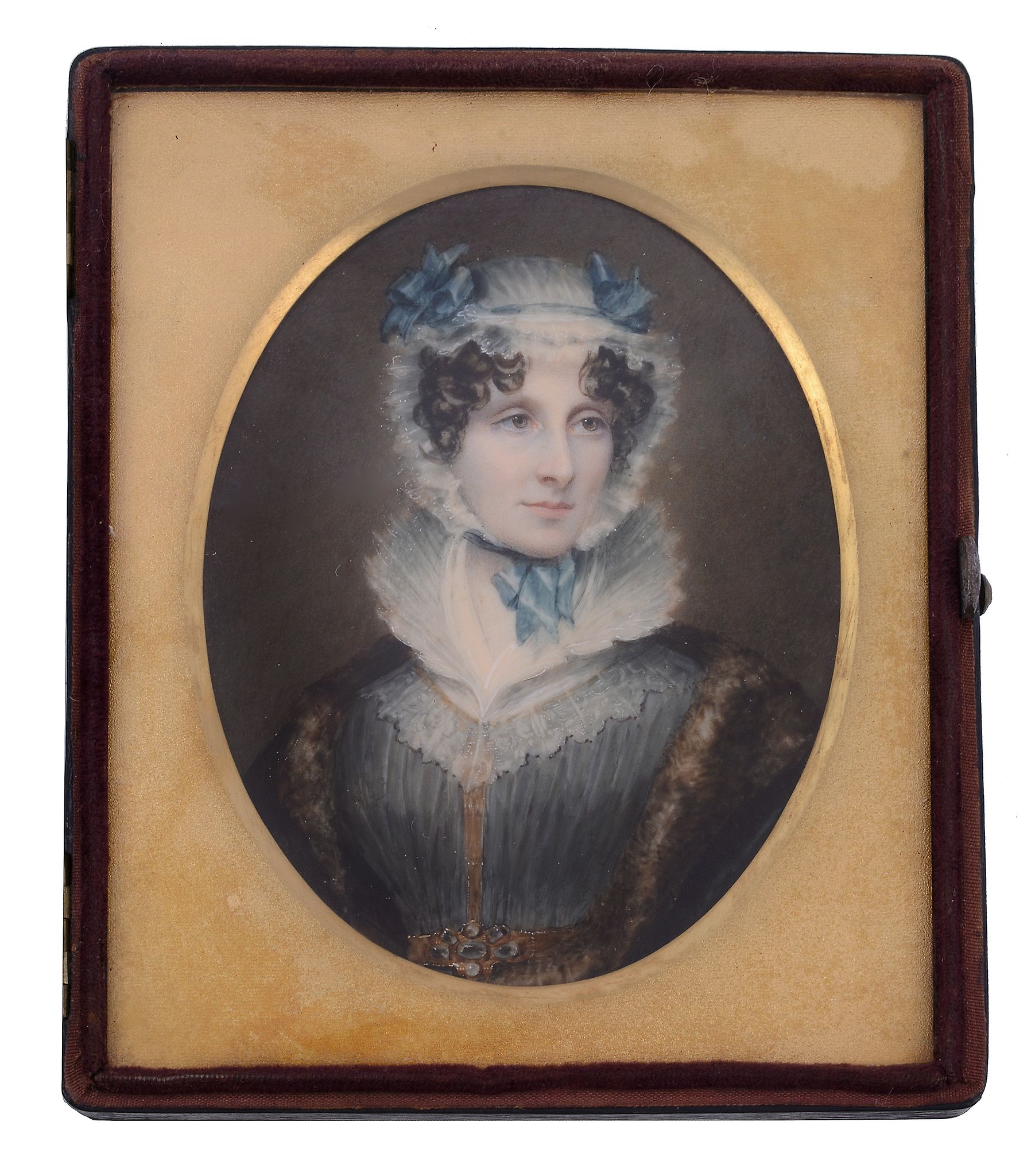 Attributed to Henry Collen Portrait of a lady wearing a blue ribbon trimmed... Attributed to Henry