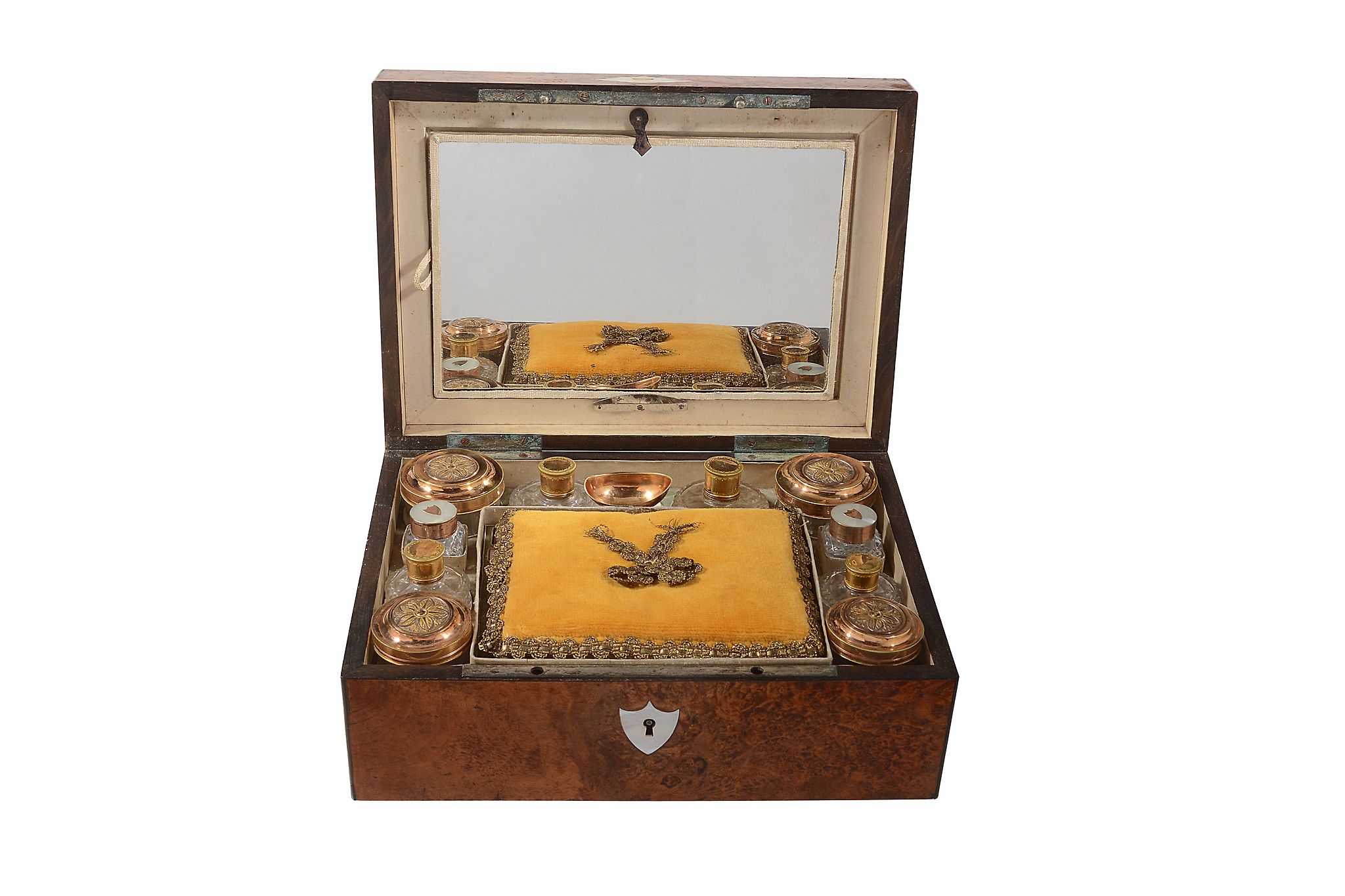 A French amboyna travelling toilet case with silver gilt mounted fittings A French amboyna