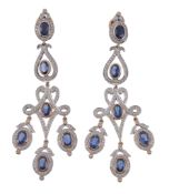 A pair of sapphire and diamond ear pendents A pair of sapphire and diamond ear pendents, the