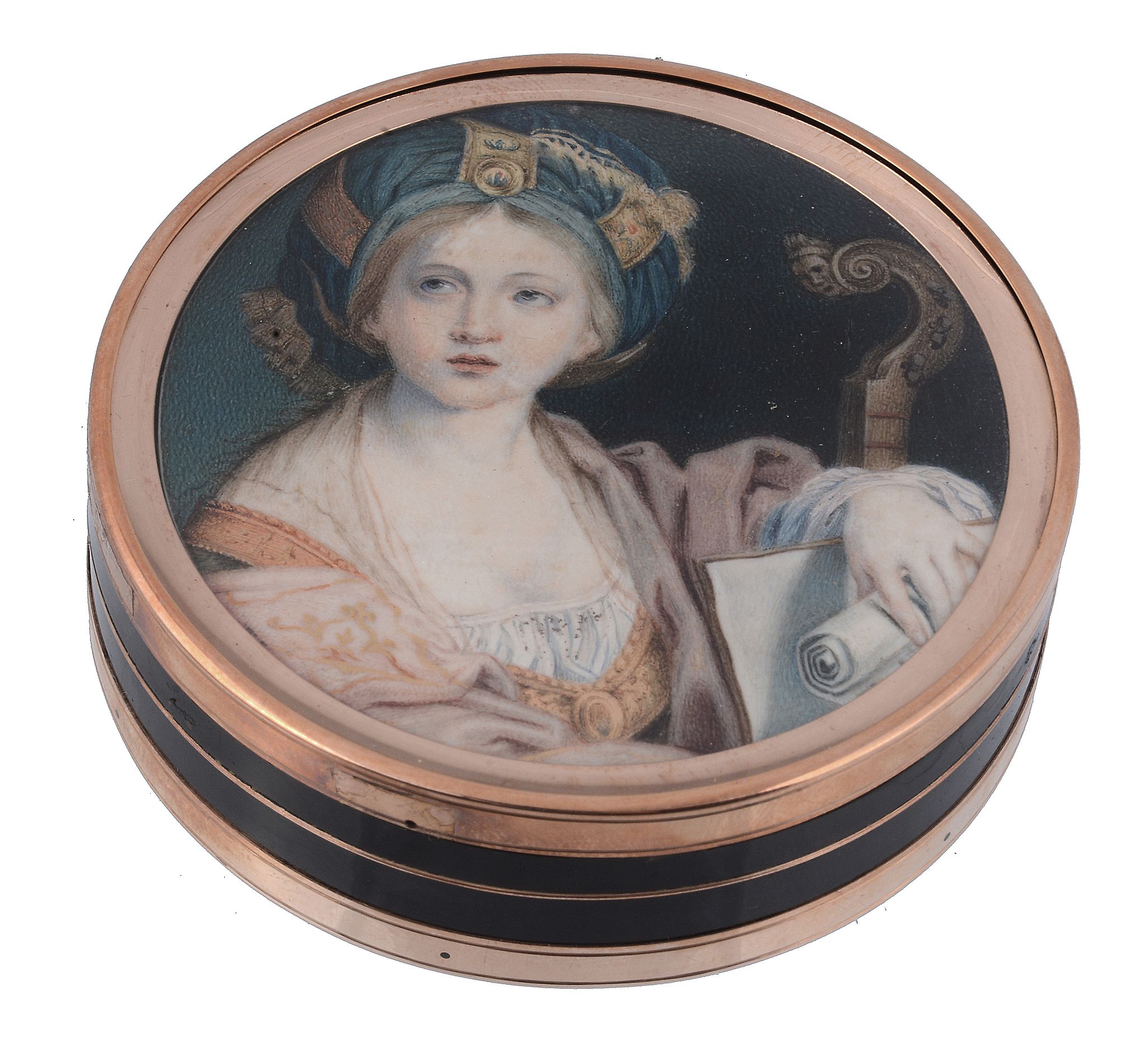 A gold mounted tortoiseshell circular snuff box, unmarked, probably English A gold mounted