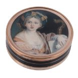 A gold mounted tortoiseshell circular snuff box, unmarked, probably English A gold mounted