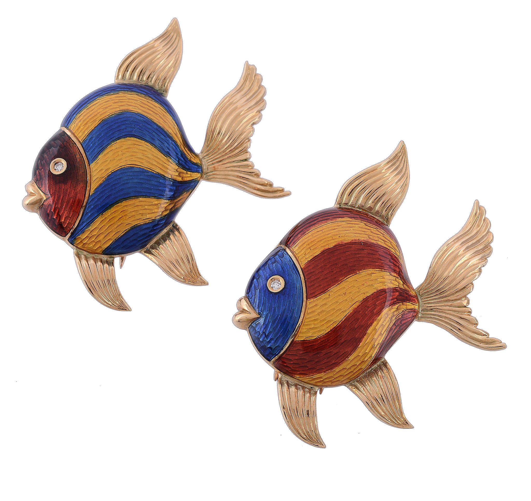 A pair of enamel clips, designed as fish, with blue, red and yellow enamel A pair of enamel clips,