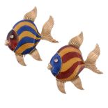 A pair of enamel clips, designed as fish, with blue, red and yellow enamel A pair of enamel clips,