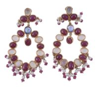 A pair of ruby, moonstone, sapphire and freshwater cultured pearl chandelier... A pair of ruby,