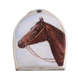 A German silver and enamel stirrup shaped cigarette case, maker's mark ALV A German silver and