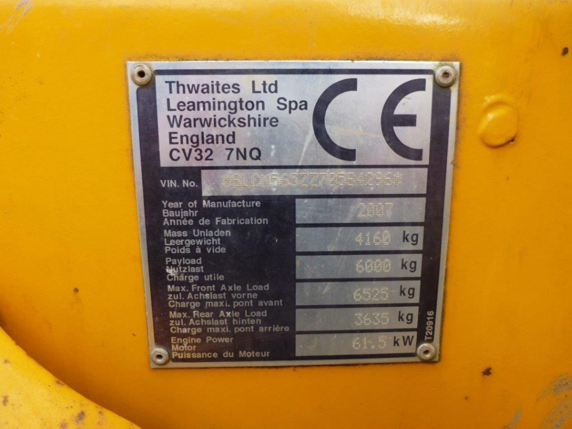 Thwaites 6-tonne 4x4 articulated dumper (2007), indicated hours 1533.1, weight 4160Kg, VIN no. - Image 6 of 6