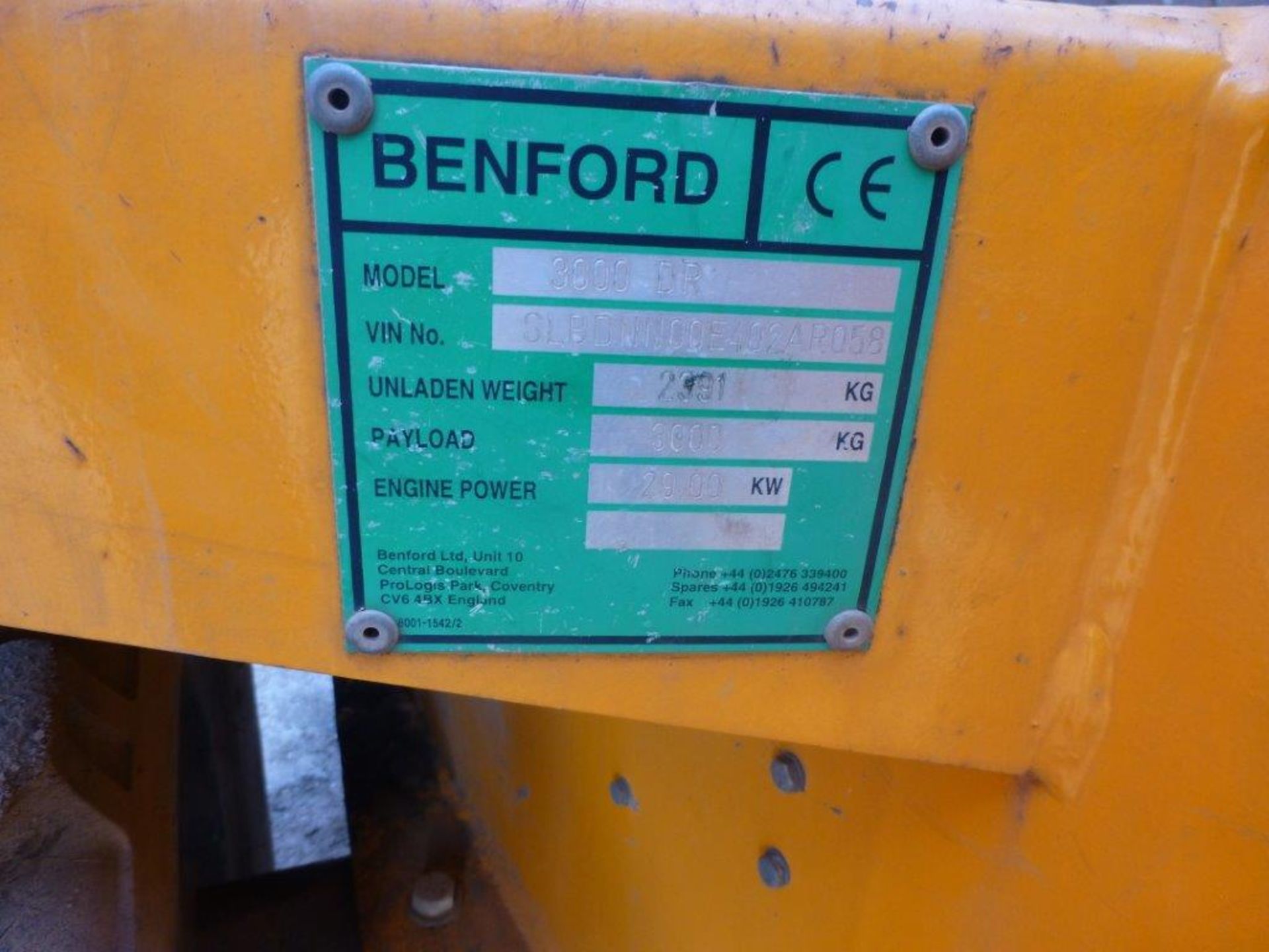 Benford 3000 DR 3-tonne 4x4 articulated dumper (2004), indicated hours 1081, weight 2391Kg, VIN - Image 5 of 5