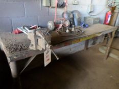 Welders bench with vice, bottle trolley, cutting torch, regulators, hose and 2 masks