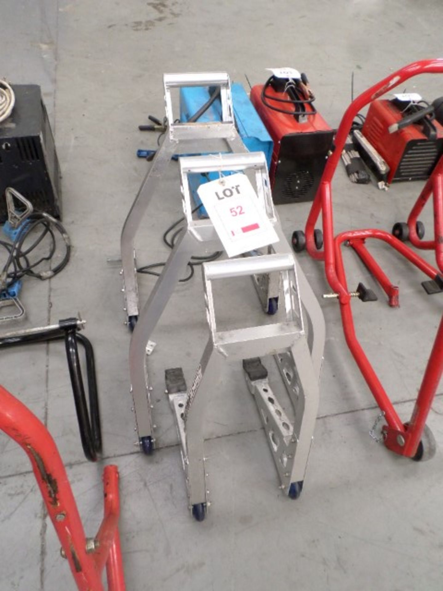 2 Bike Tech aluminium box section, motorcycle rear paddock stands and 1 front lift motorcycle stand - Image 2 of 2