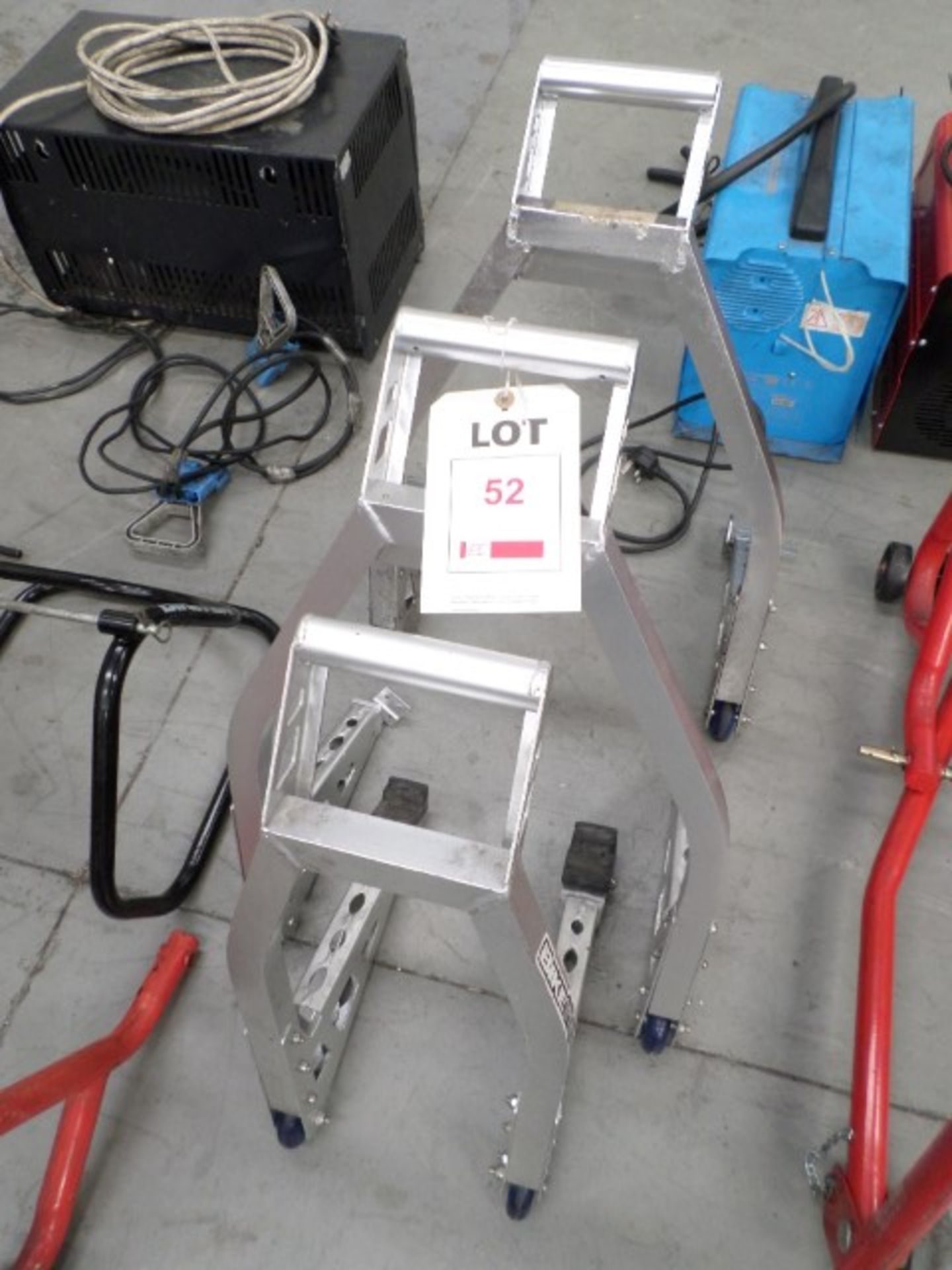 2 Bike Tech aluminium box section, motorcycle rear paddock stands and 1 front lift motorcycle stand