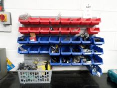 2 wall boards with 38 plastic storage bins and contents