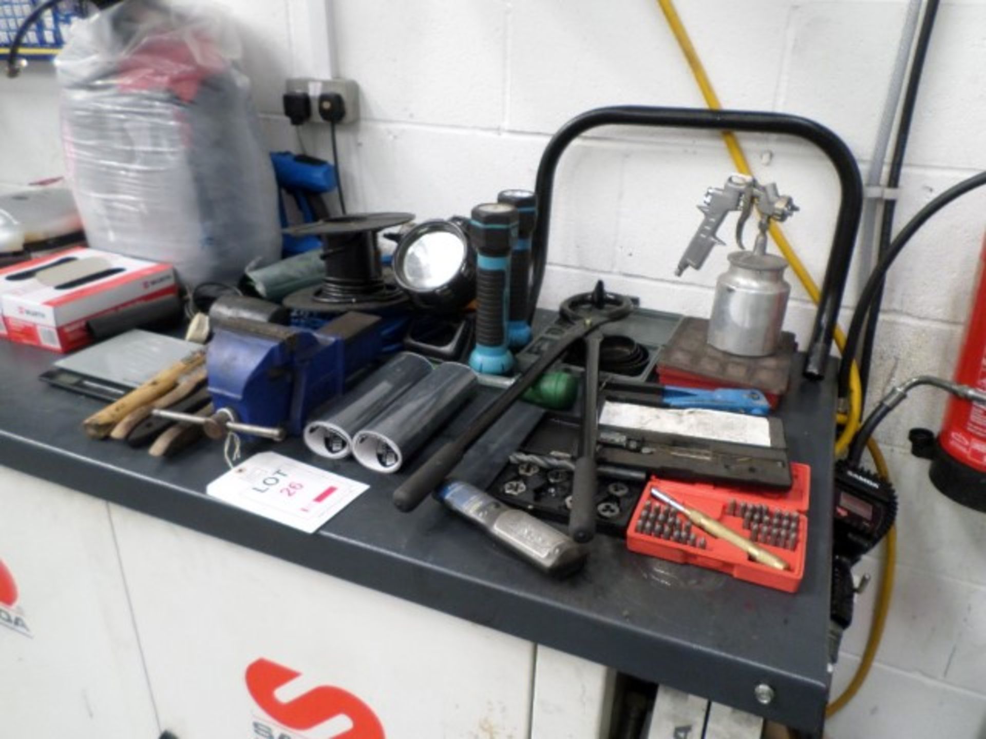 Qty of assorted workshop tools to include engineers vice, bead breaker, spray gun, jump leads etc
