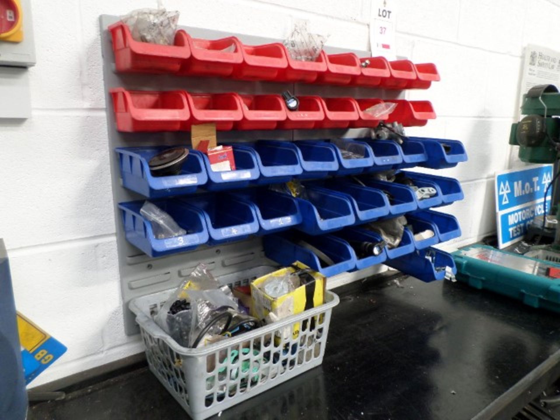 2 wall boards with 38 plastic storage bins and contents - Image 2 of 2