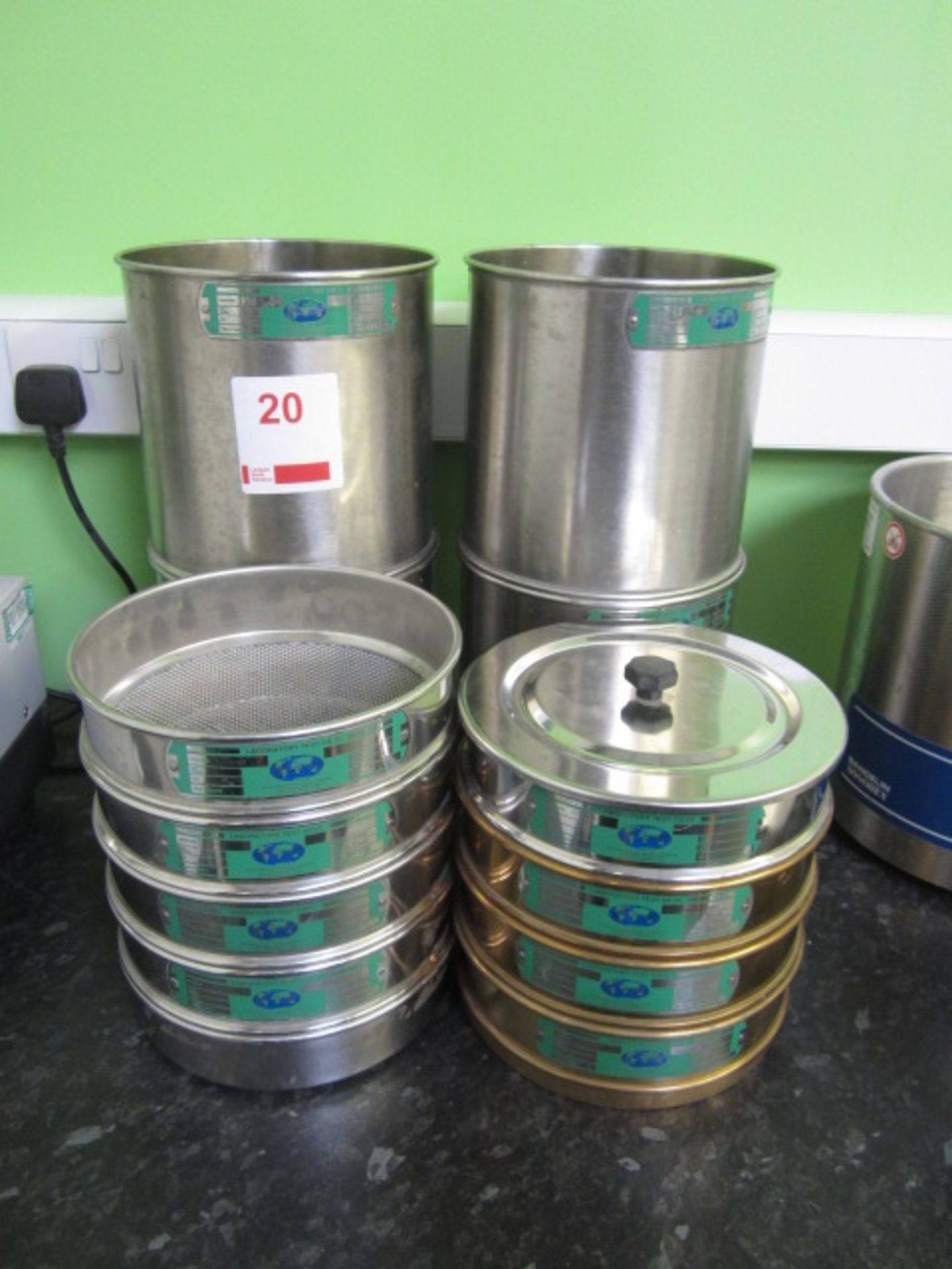 12 x various size and graded sieves, ranging from 20 Mic - 3.3mm,1 x bowl, 1 x lid