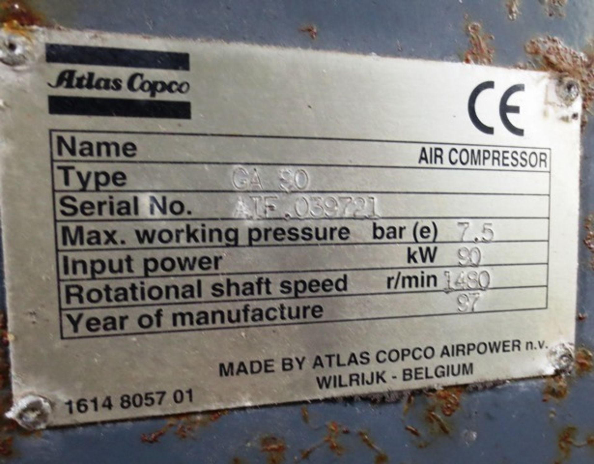 Atlas Copco GA90 packaged air compressor, s/n: AIF.039721 (1997), Rec. hours circa 146,050, Max - Image 3 of 3