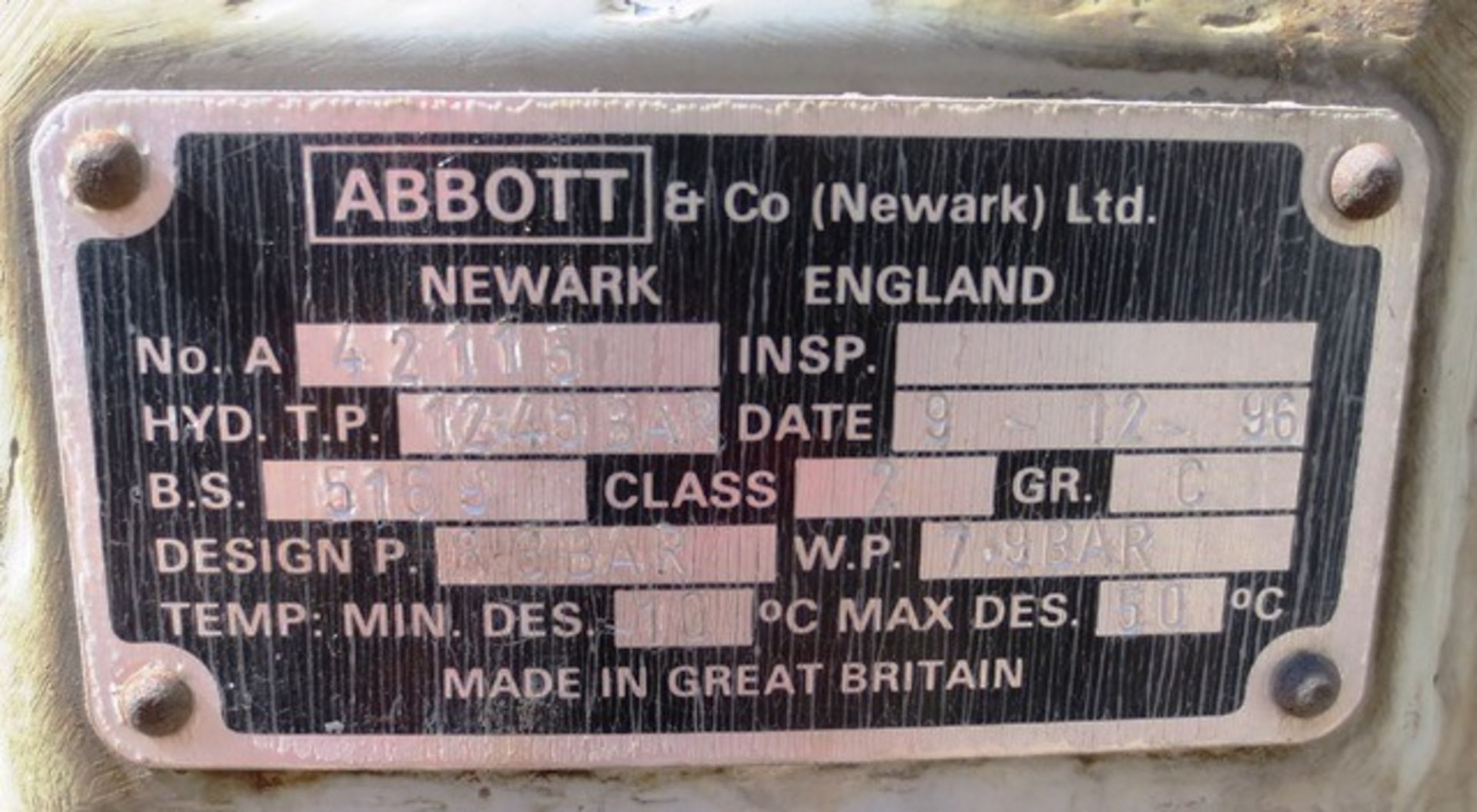 Abbot & Co vertical air receiver, No: 42115, Type 12.45 bar, B.S. 5169, Date of manufacture 1996, - Image 3 of 3