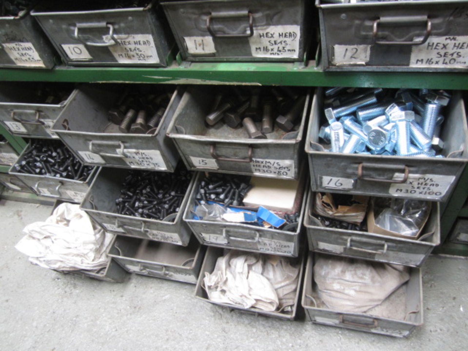Steel frame rack and metal tote bins with contents including: wing nuts, nylon unit nuts, sake proof - Image 3 of 3