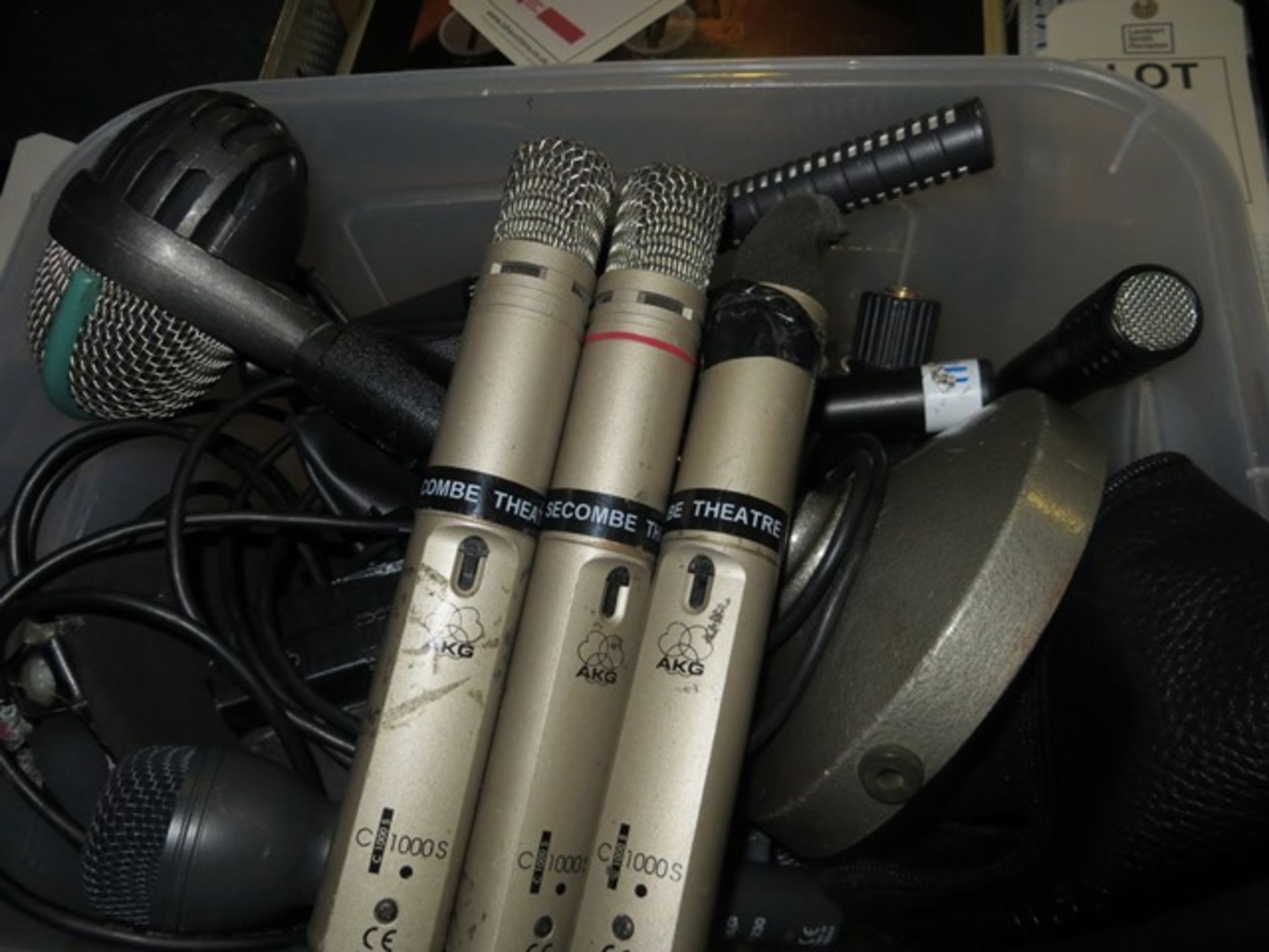 Quantity of various microphones and accessories as lotted to include brands such as: AKG, rod,