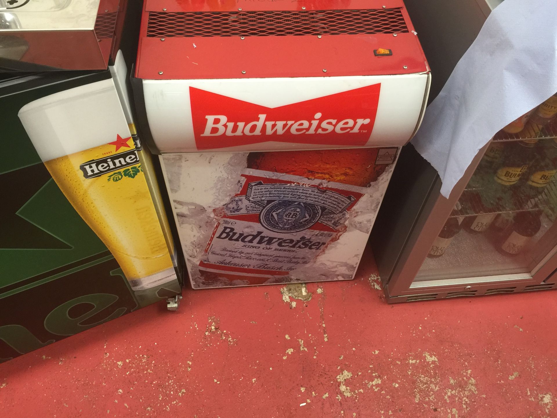 Budweiser refrigerator (excludes contents) (Please note, for viewing and collection purposes,