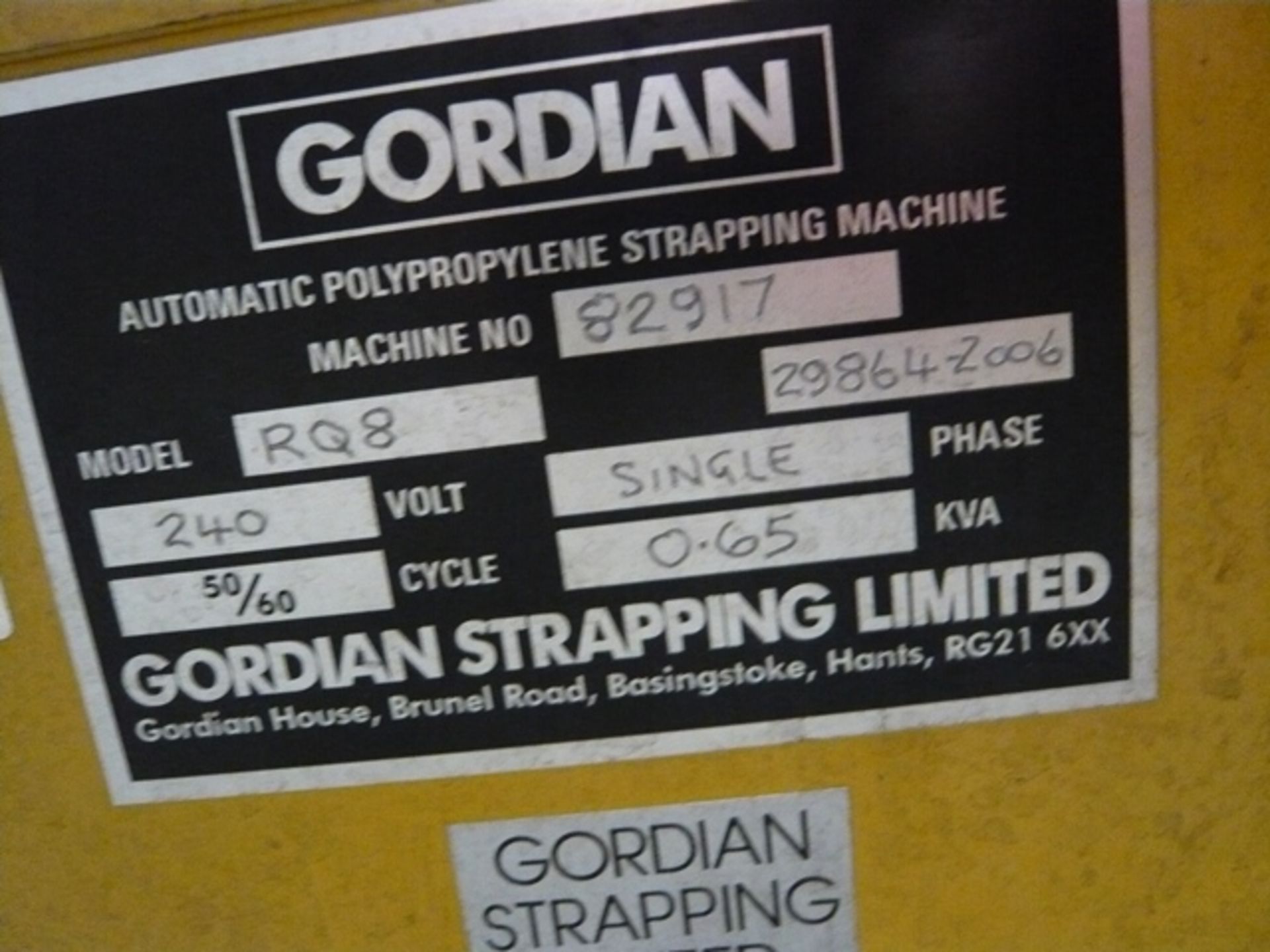 Gordian auto polypropylene strapping machine, Model RQ8, Machine No. 82197, Serial No. 298642006, - Image 3 of 3