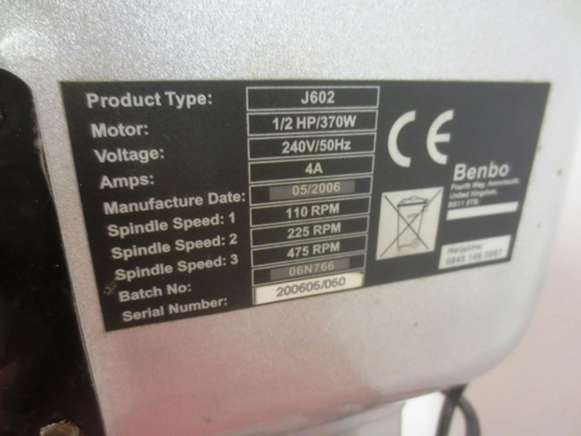 Benbo J602 bench top mixer (240v), spindle speeds: 110, 225, 475, serial no: 200605/050 (2006) - Image 2 of 3