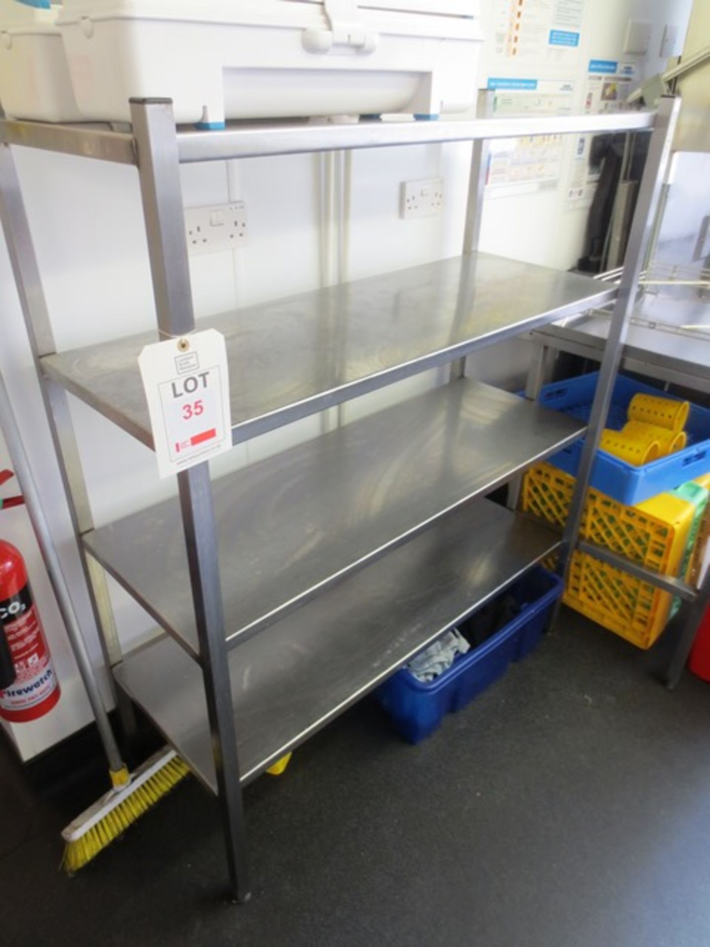Aluminium 4 tier storage rack, approx dimensions: 1150 x 470 x 1400mm (excludes contents)