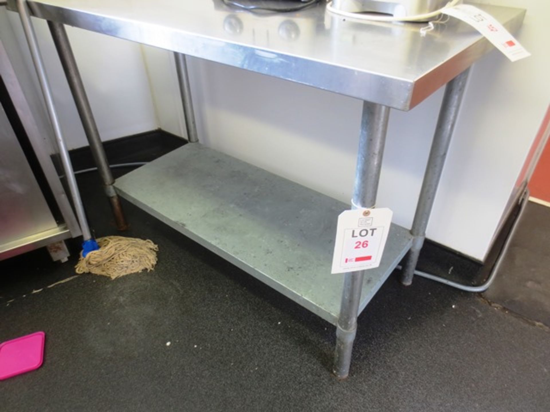 Stainless steel topped table with galvanised steel frame and under counter shelf, approx dimensions: