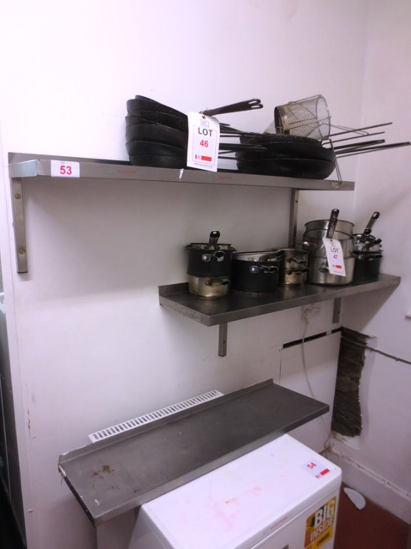 Three stainless steel shelf units, approx 900 - 1200mm in length (excludes contents)