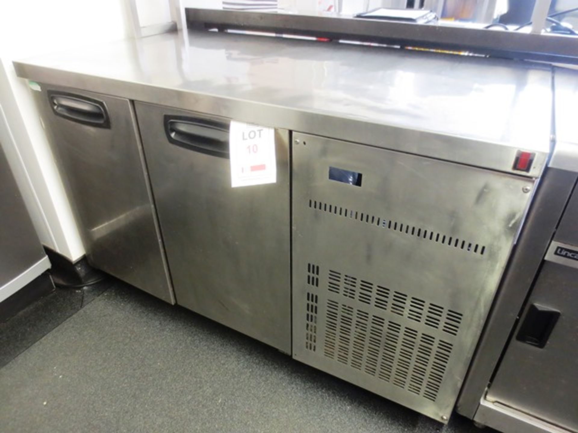 Stainless steel double door refridgerated counter unit (240v), approx dimensions: 1350 x 700mm. (