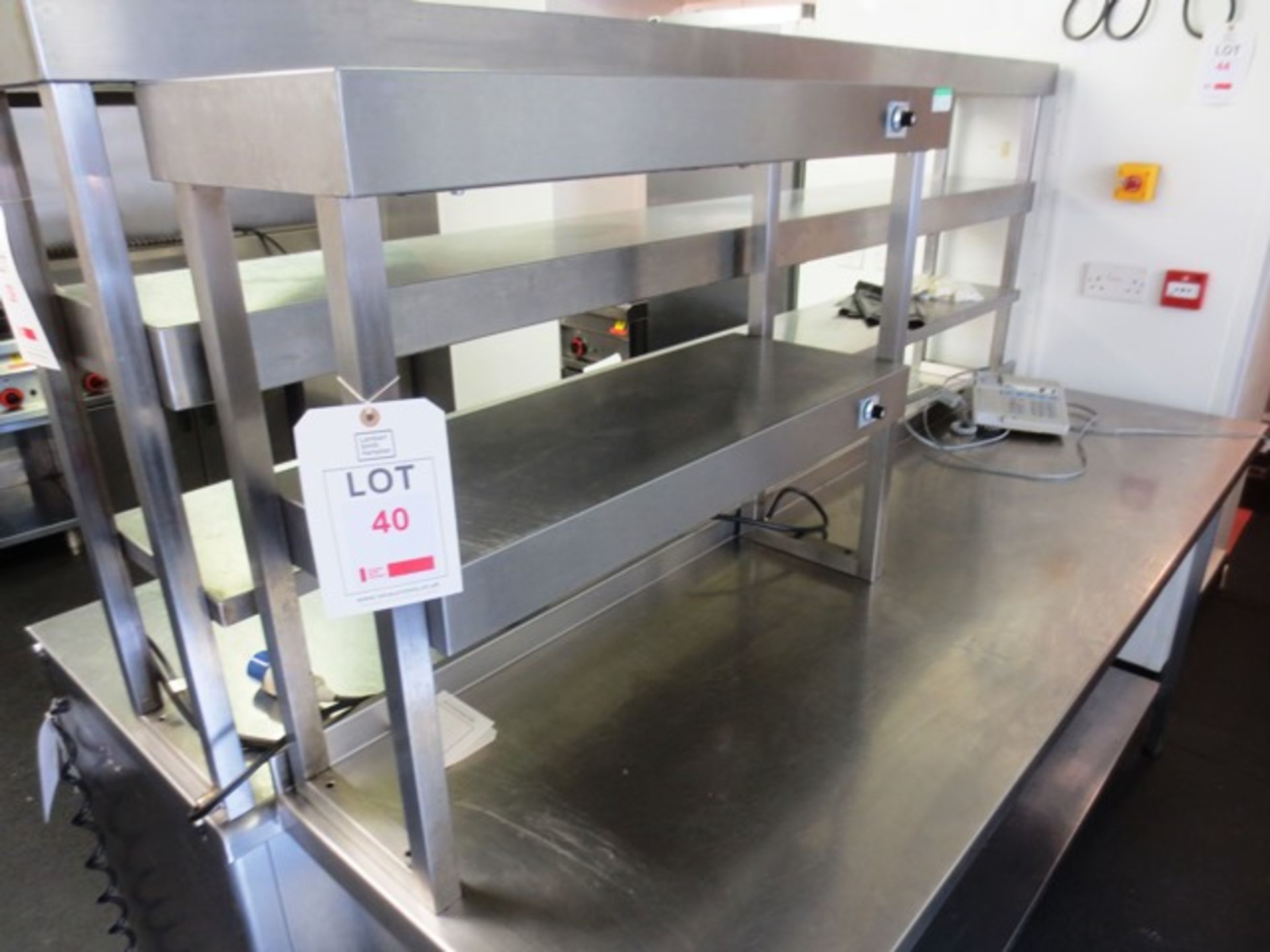 Stainless steel 2 tier counter top pass with halogen warming lamps (240v), approx dimensions: 8800mm