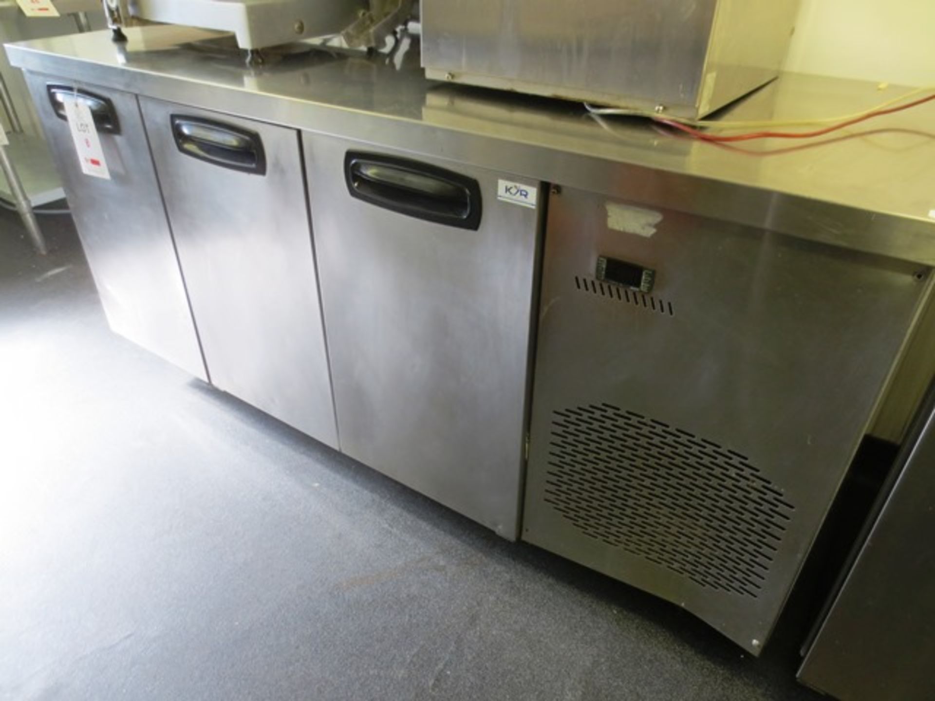 Stainless steel triple door refridgerated counter unit (240v), approx dimensions: 1800 x 700mm