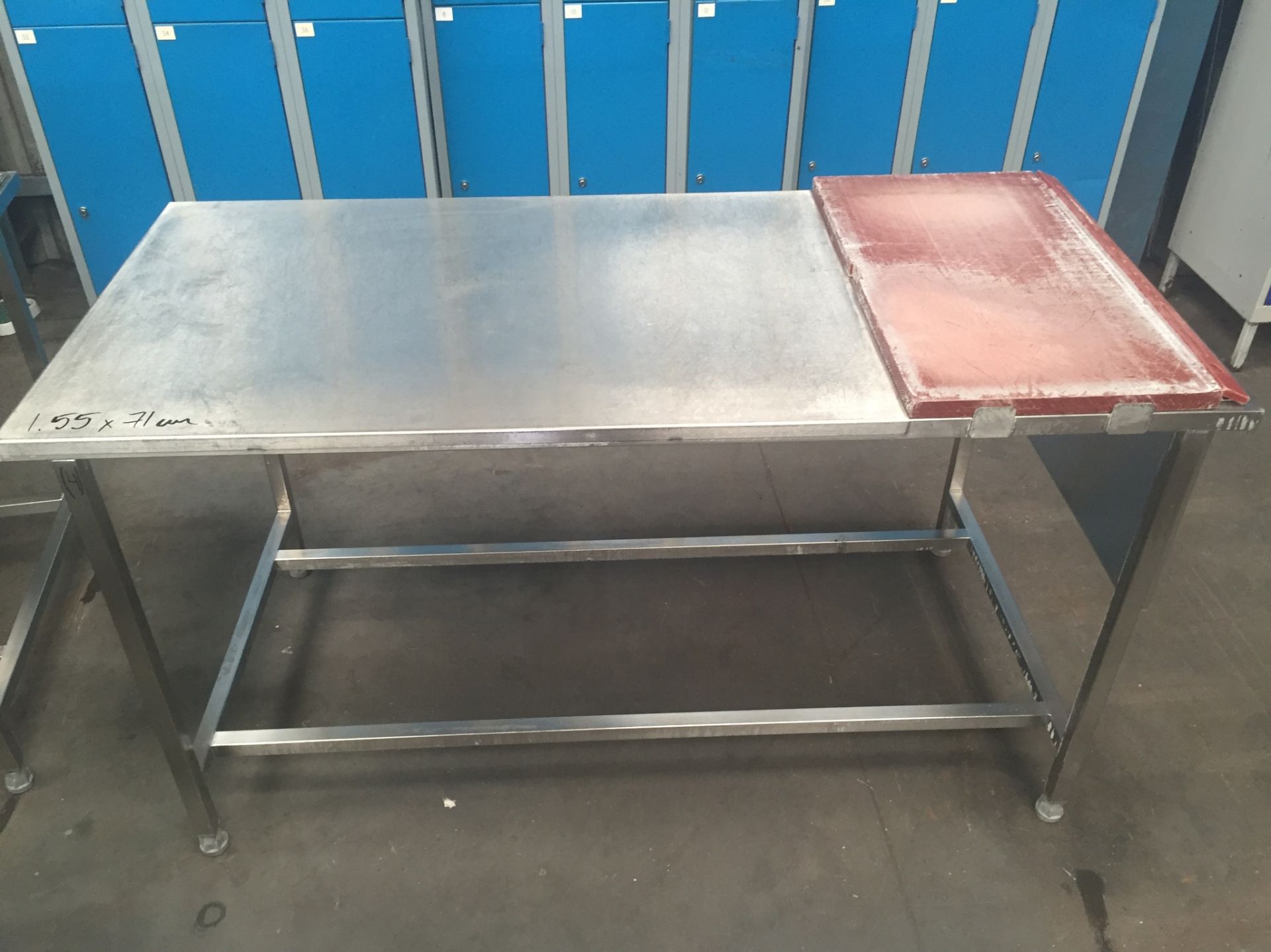 Stainless steel table with plastic chopping board measuring 380 x 700, with knife holder, overall
