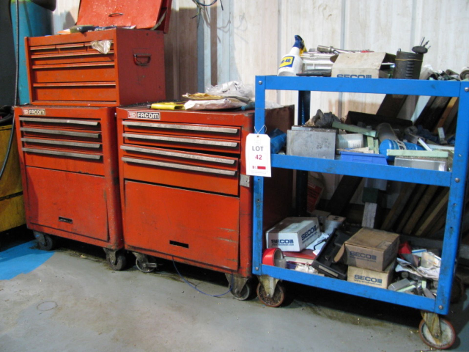 Three tool chests, steel trolley and contents