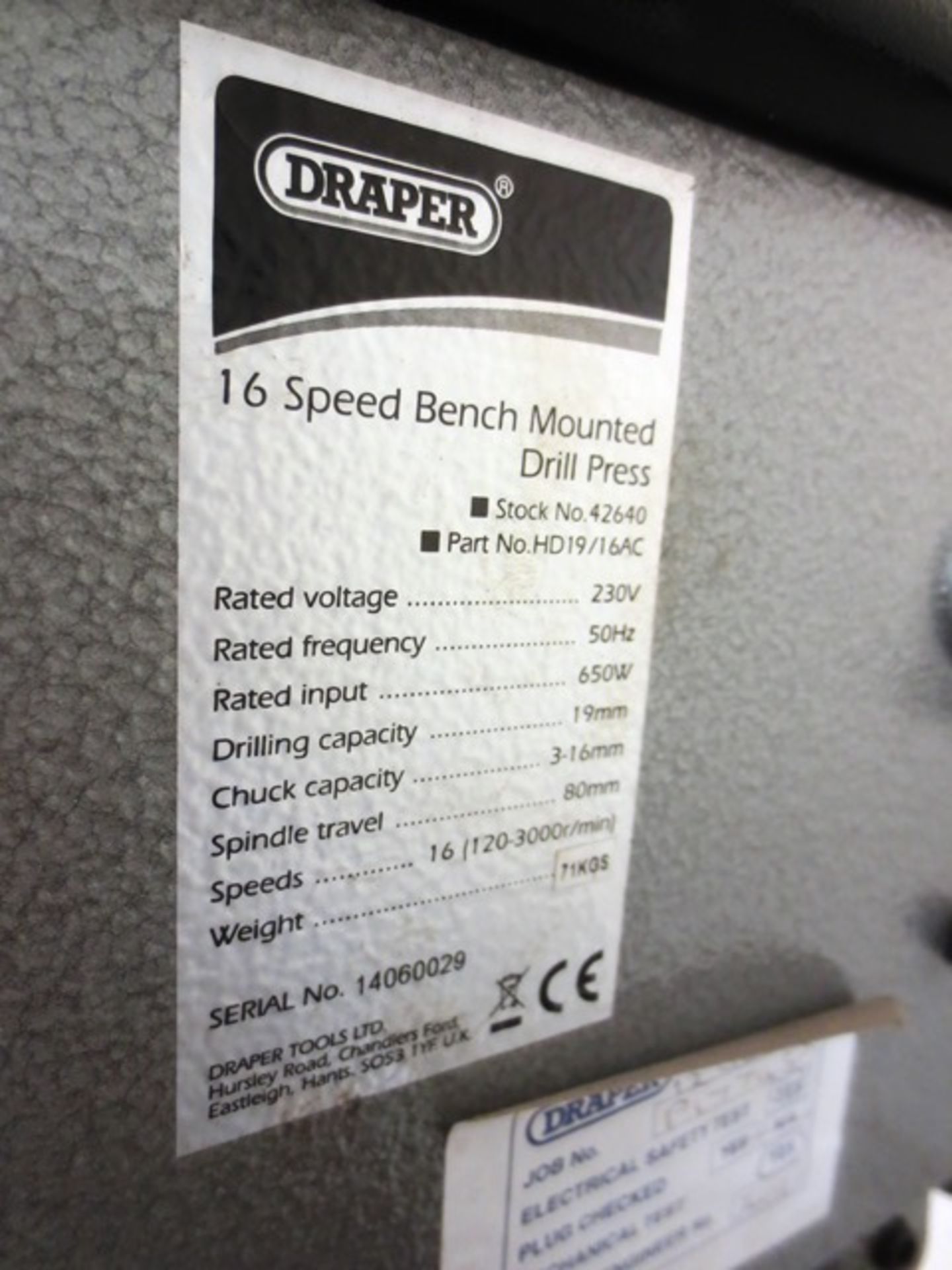 Draper 16 speed bench mounted drill, serial no: 14060029, rpm 120-3000 (240v) - Image 2 of 2
