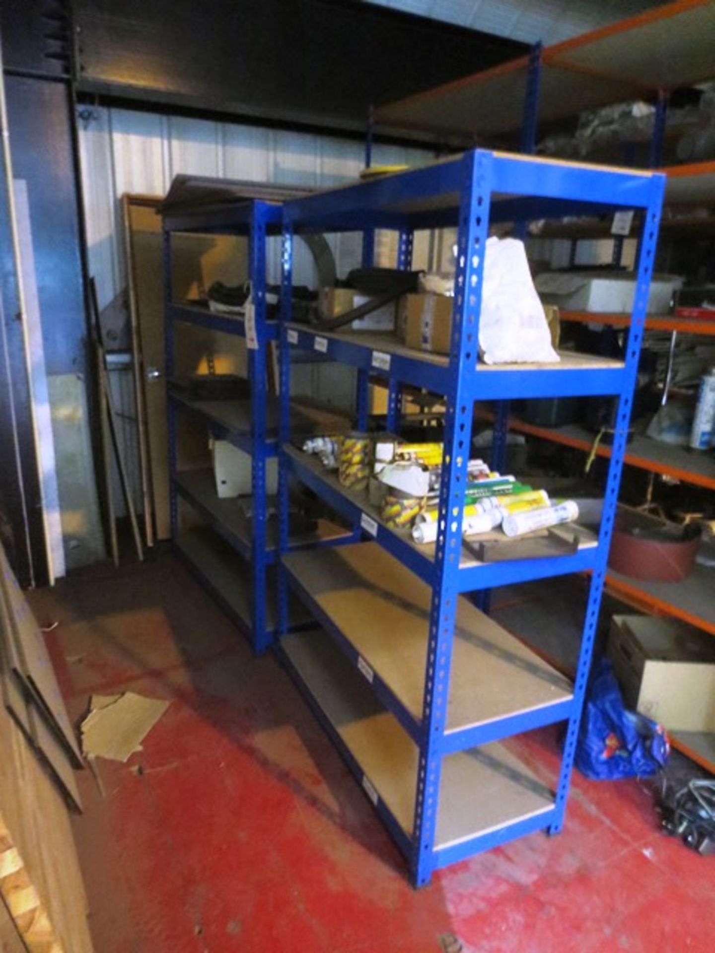 Two bays of adjustable boltless stores racking, approx 1200 x 1800mm per bay (excludes all