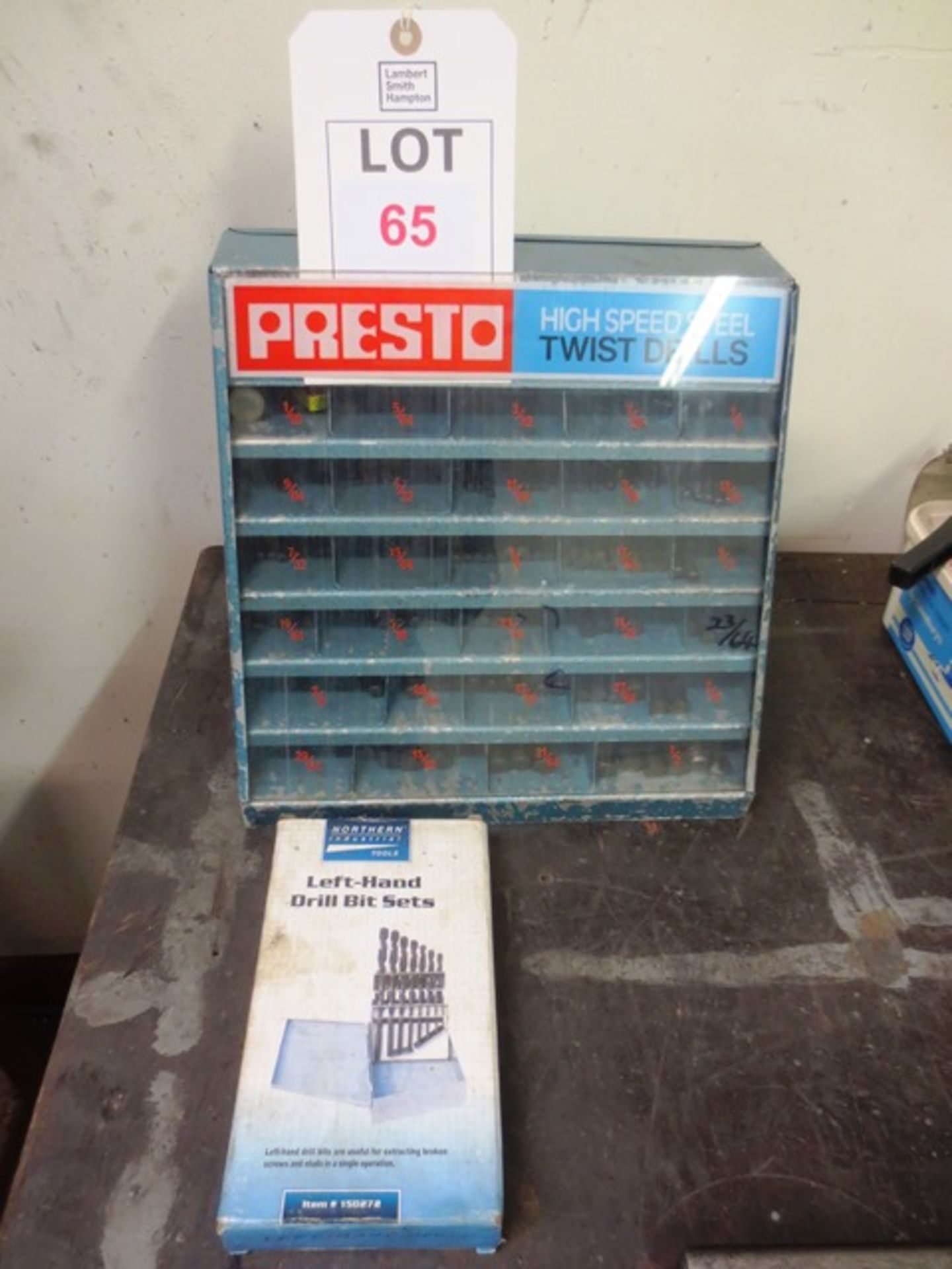 Presto high speed twist drill bits, and display rack with Northern Industrial left hand drill bit
